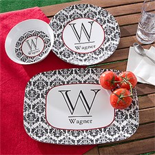 Personalized Melamine Dinnerware Set - Damask Family Name  Initial - 10864D