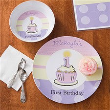 Personalized Girls First Birthday Dinner Set - Plate  Bowl - 10929D
