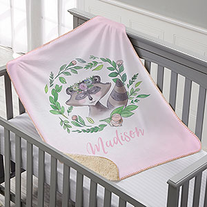 Woodland Floral Raccoon Personalized Sherpa Baby Blanket - 20254-SR