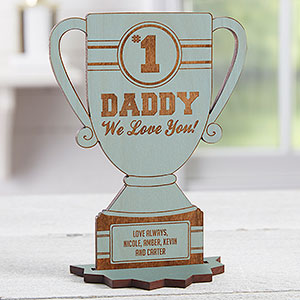 #1 Dad Personalized Blue Stain Wood Trophy Keepsake - 23244-B