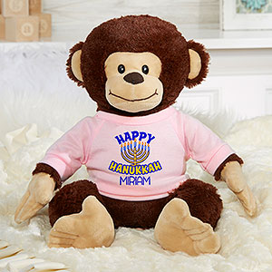 Happy Hanukkah Personalized Plush Monkey- Pink - 31674-P