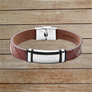Mens Name Personalized ID Leather Bracelet - Brown Woven  Silver Plate - 32894D-WS
