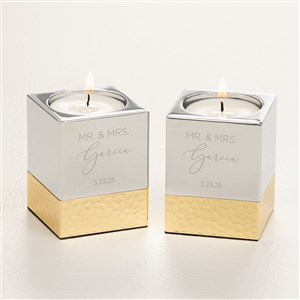 Elegant Couple Engraved Silver  Gold Hammered Metal Candle Holders - 52071