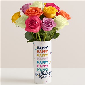 Happy Happy Birthday Personalized Vase with Assorted Roses Bouquet - 52631