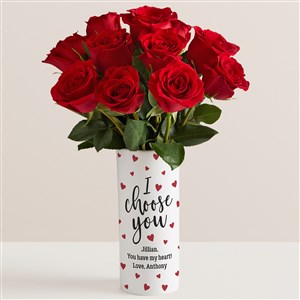 I Choose You Romantic Personalized Flower Vase & Red Rose Bouquet - 52636