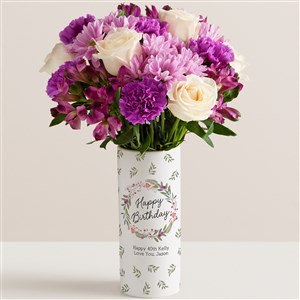 Happy Birthday Wreath Personalized Vase with Lavender Garden Bouquet - 52639