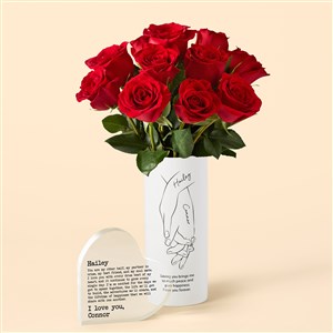 Hand in Hand Personalized Vase with Red Rose Bouquet  Heart Keepsake - 53173