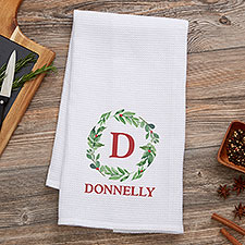 Watercolor Wreath Personalized Waffle Weave Christmas Kitchen Towel - 24972