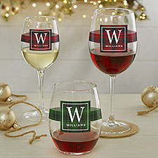 Christmas Plaid Personalized Wine Glasses - 27792