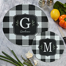 Black  White Buffalo Check Personalized Round Glass Cutting Boards - 31290