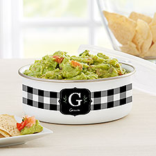 Black  White Buffalo Check Personalized Enamel Bowl with Lid - 33905