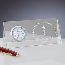 Rod of Asclepius Personalized Crystal Desk Clock Name Plate - 36970
