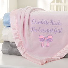 Baby Bow Embroidered Satin Trim Baby Blanket  - 38297