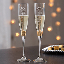 Botanical Wedding Engraved Gold Hammered Champagne Flute Set - 41654
