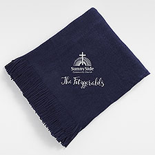 Embroidered Logo Navy Knit Fringed Throw Blanket - 49811