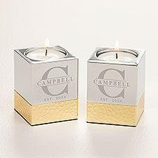 Lavish Last Name Engraved Silver  Gold Hammered Metal Candle Holders- Set of 2 - 52077