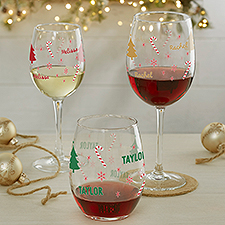 Festive Holiday Icons Personalized Wine Glasses  - 52320