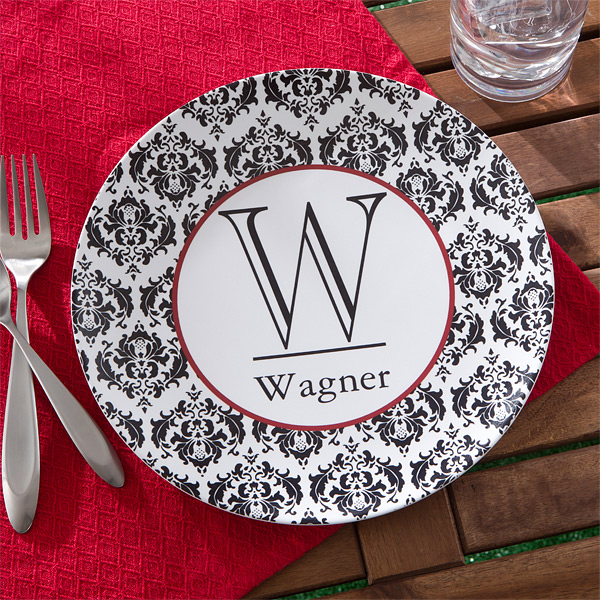 Personalized Melamine Dinnerware Set - Damask Family Name & Initial - 10864D