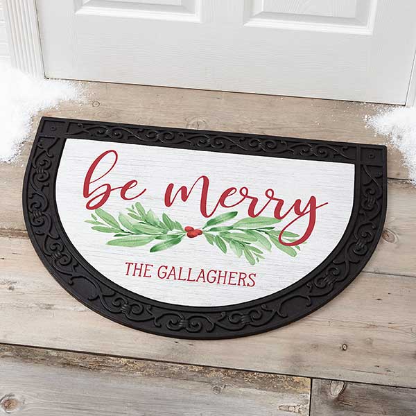 Watercolor Wreath Personalized Half Round Christmas Doormat - 24844