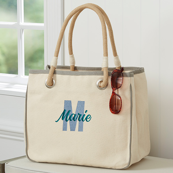 Playful Name Embroidered Canvas Rope Totes - 27003