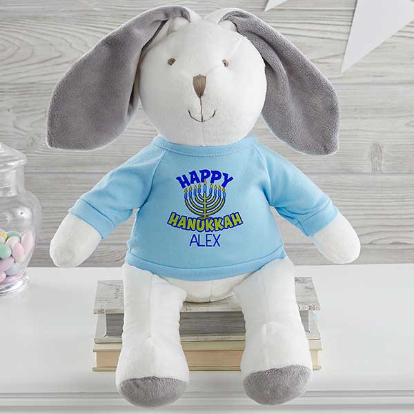 Happy Hanukkah Personalized White and Grey Plush Bunny - 31678
