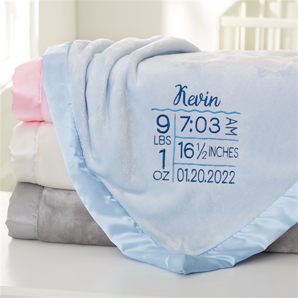 Birth Info Embroidered Satin Trim Baby Blanket - 32077
