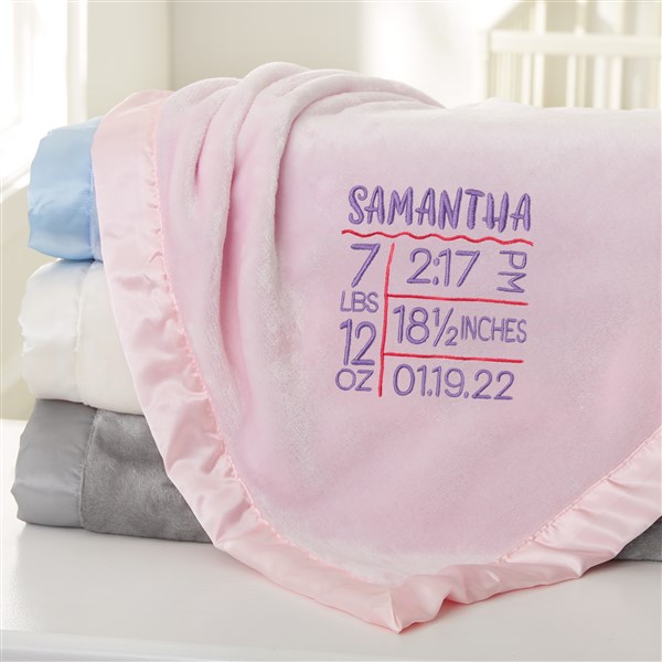 Birth Info Embroidered Satin Trim Baby Blanket - 32077