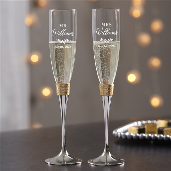 Laurels Of Love Engraved Wedding Gold Hammered Champagne Flute Set  - 40553