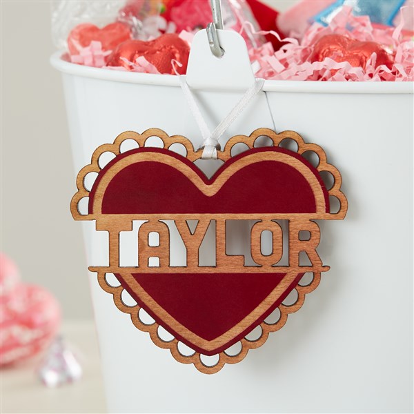 Heart Name Personalized Wood Valentine's Day Basket Tag  - 47469