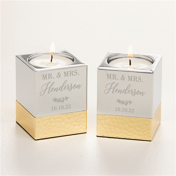 Laurels Of Love Engraved Silver & Gold Hammered Metal Candle Holders  - 52073