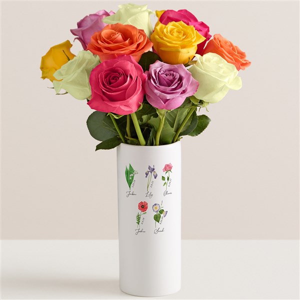 Personalized Birth Month Flowers Vase & Live Rose Bouquet - 52632