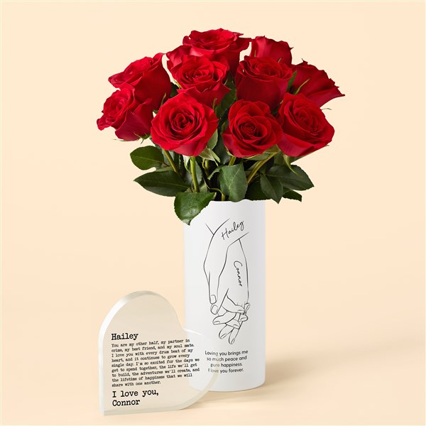 Hand in Hand Personalized Vase with Red Rose Bouquet & Heart Keepsake - 53173