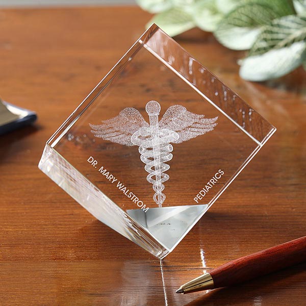 3-D Crystal Caduceus Personalized Medical Doctor Paperweight - 5549